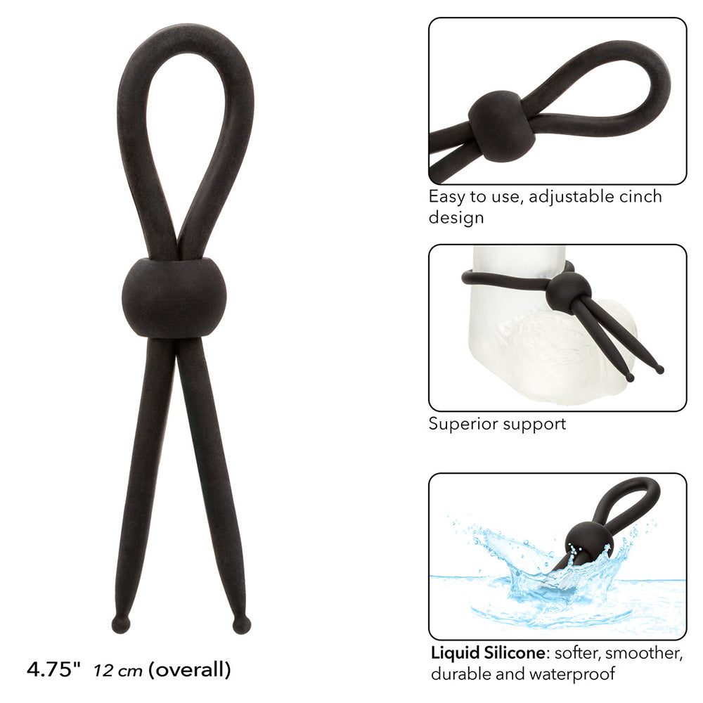 CalExotics SE-1492-26-2 Alpha Liquid Silicone Lasso Adjustable Cock Ring Black Features