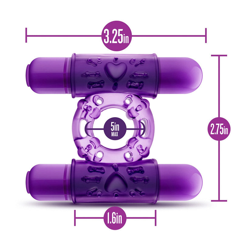 Blush BL-77101 Play With Me Double Play Dual Vibrating Cock Ring Purple Measurements