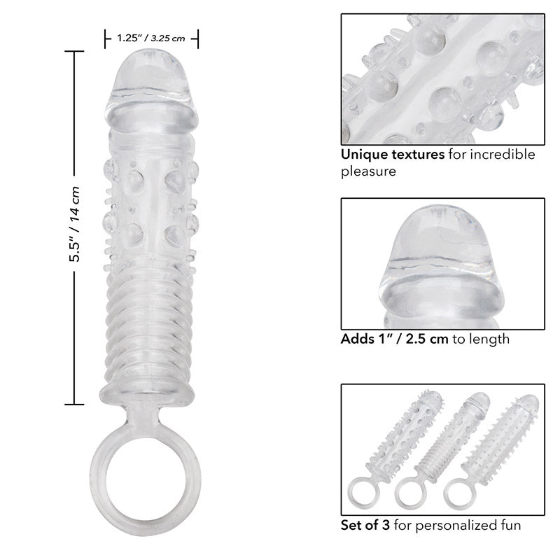 CalExotics  SE-1625-60-2 3 Piece Textured Penis Extension Set Features