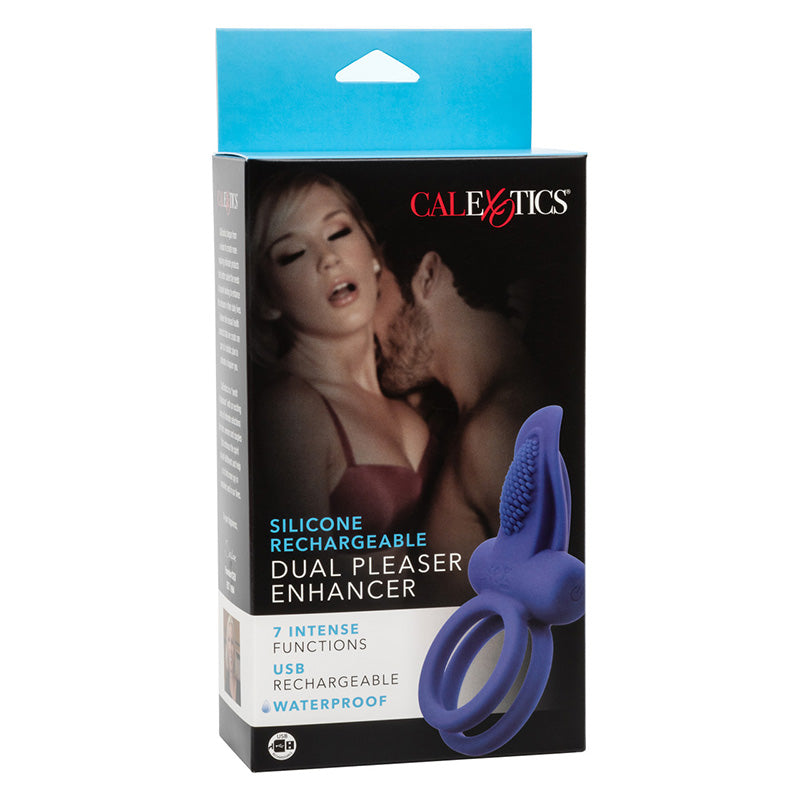 CalExotics SE-1843-15-3 Silicone Rechargeable Dual Pleaser Enhancer Vibrating Cock Ring Package Front