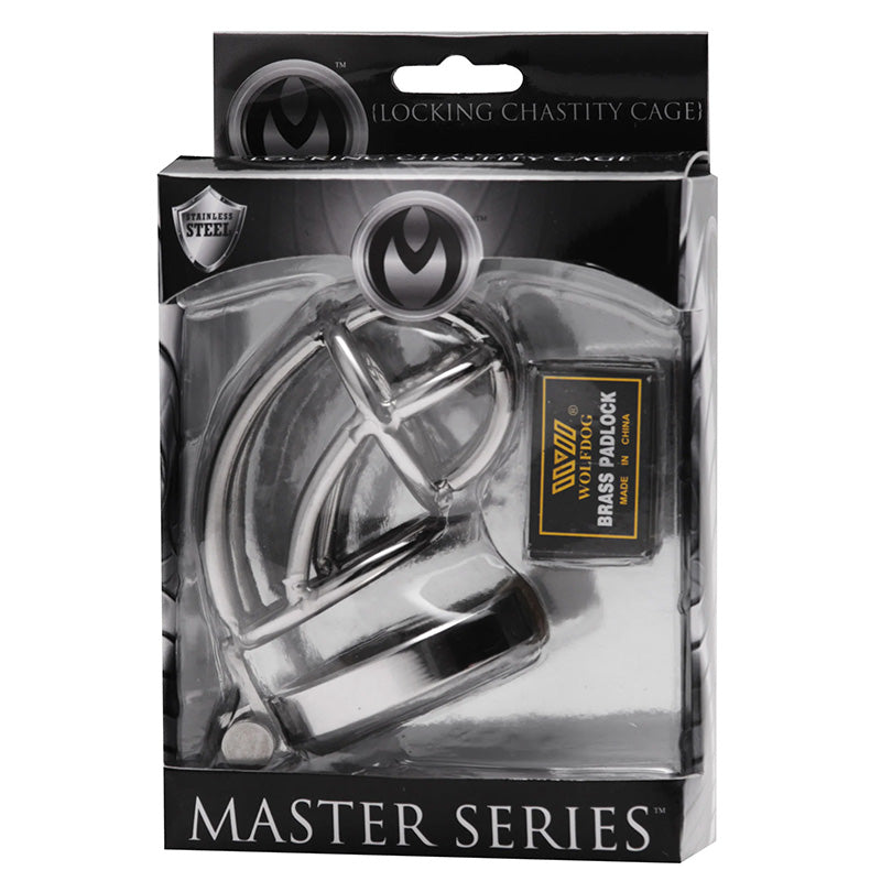 XR Brands AD150 Master Series Captus Stainless Steel Locking Male Chastity Cage Package Front