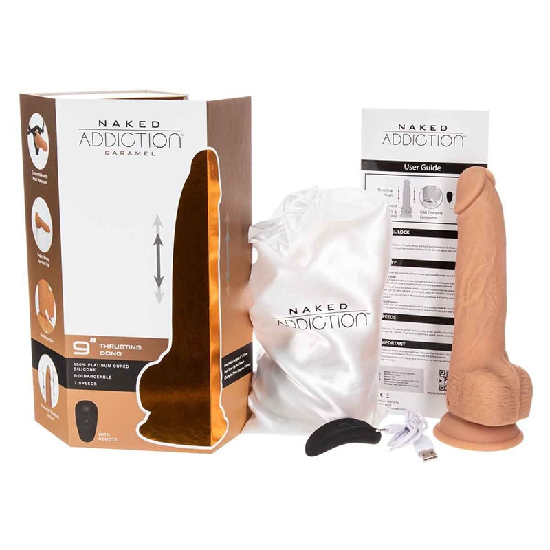 BMS Factory 88425 Naked Addiction 9 Inch Thrusting Dildo with Remote - Caramel Package Contents