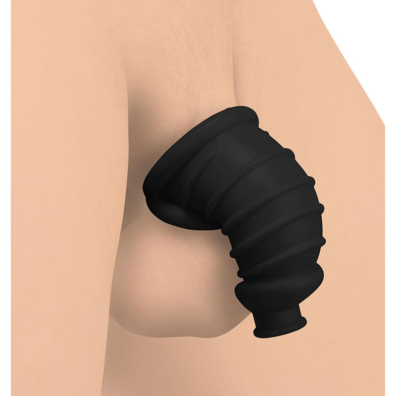 XR Brands AG722-Black Dark Chamber Silicone Chastity Cage - Black Illustration