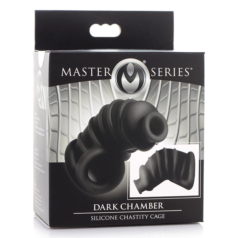XR Brands AG722-Black Dark Chamber Silicone Chastity Cage - Black Package